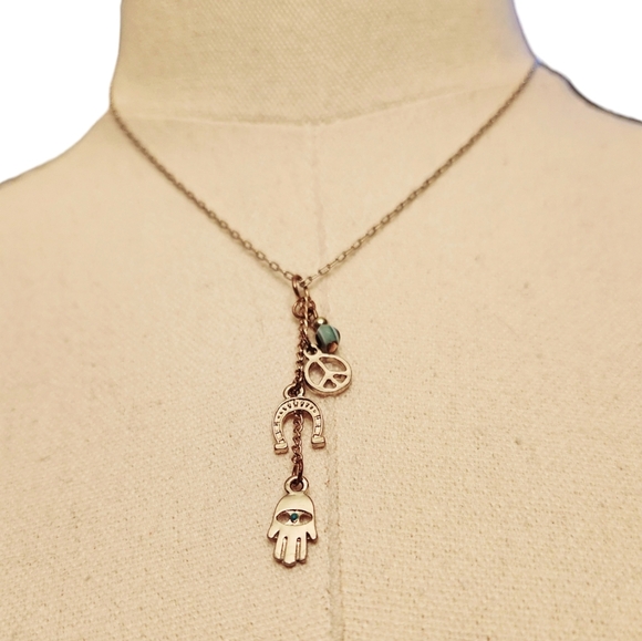 Hamsa Hand Evil Eye Horseshoe Peace Sign Necklace - Picture 12 of 14